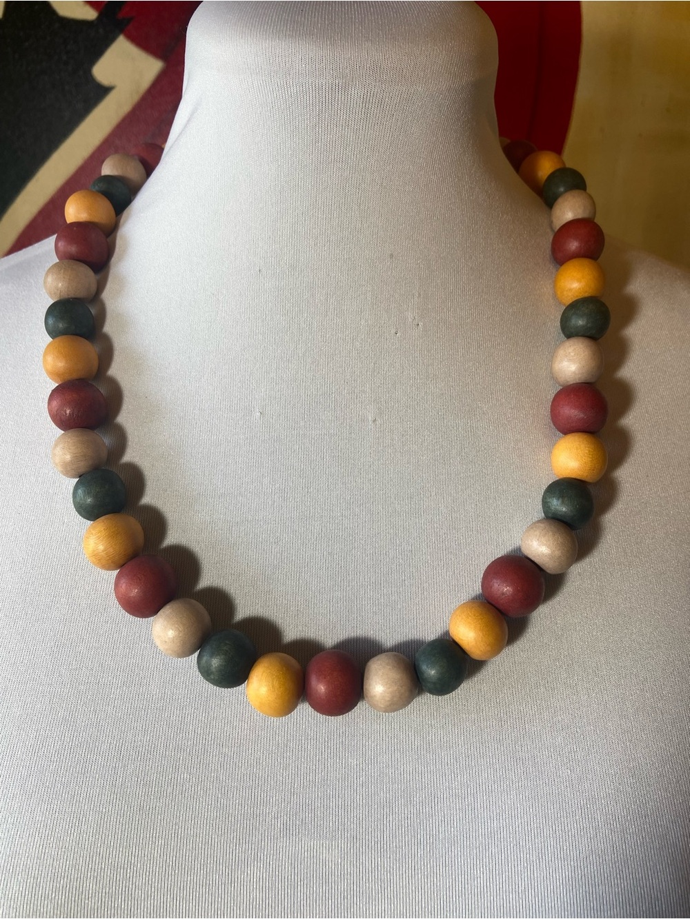 Vintage Multicolor Wooden Bead Necklace - Mustard, Red, Green, Natural